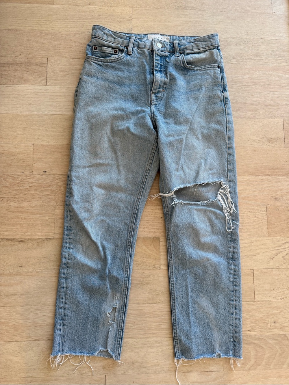 Topshop Light Blue Straight Leg Distressed Jeans, Size 28 with 30” inseam